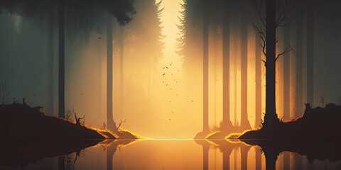 Ai generated illustration minimalist landscape with a misty serene lake