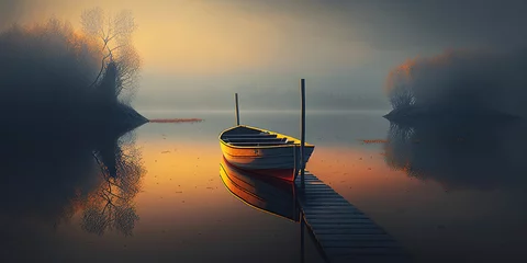 Tuinposter Ai generated illustration minimalist landscape a misty serene lake with boat and jetty © maylim