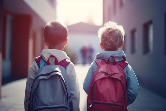 Two children with backpacks on the way to school. Generative AI
