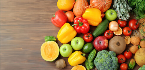 vegetables on a table, various fresh fruit and vegetables composed in gradient colors over wooden table