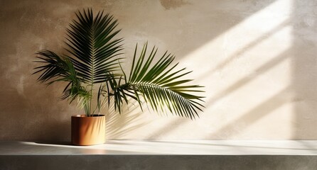 Brown cement wall and floor, palm tree in vase in a sunlight, long shadow for luxury interior design decoration, product display background, Generative ai