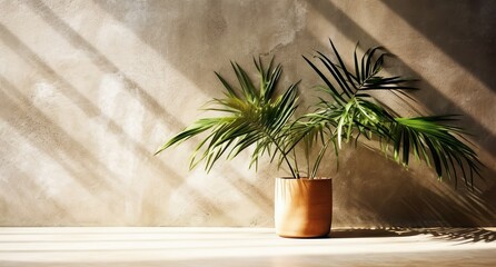Brown cement wall and floor, palm tree in vase in a sunlight, long shadow for luxury interior design decoration, product display background, Generative ai