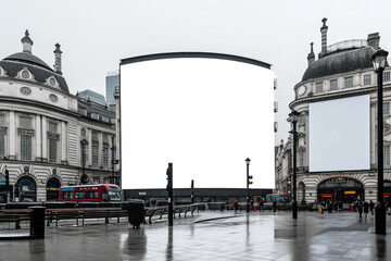 Transparent, empty,  blank billboard mockup n the middle of Piccadilly Circus, London, for outdoor...
