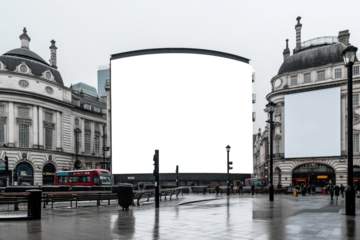 Transparent, empty,  blank billboard mockup n the middle of Piccadilly Circus, London, for outdoor advertisement and promotion for commercial marketing. Generative AI