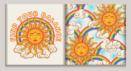 Pattern, label with sun with face, clouds, rainbow, halftone shapes. Concept of harmony, positivity. Mythological fairytale character. Groovy, hippie, naive style for apparel, textile, surface design