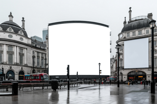Transparent, empty,  blank billboard mockup n the middle of Piccadilly Circus, London, for outdoor advertisement and promotion for commercial marketing. Generative AI