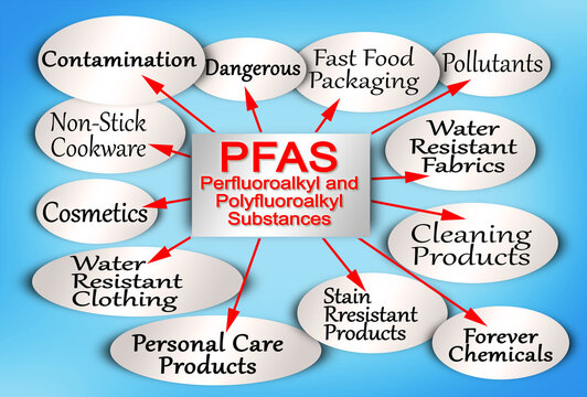 Infographic about dangerous PFAS Perfluoroalkyl and Polyfluoroalkyl Substances used due to their enhanced water-resistant properties
