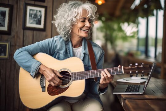 Mature woman learning to play acoustic guitar with laptop. Generative AI