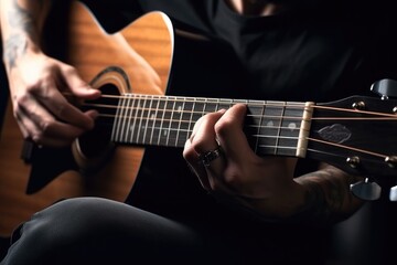 Fototapeta na wymiar Detail of hands playing an acoustic guitar. Generative AI
