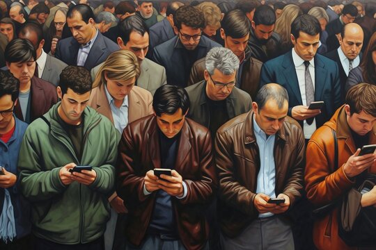 Generative AI illustration from above of crowd of addicted people in casual clothes standing on city street and using smartphones simultaneously