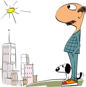 Hombre mayor calvo y con bigote con perro mirando la ciudad desde el campo con las manos en el bolsillo un d&iacute;a soleado despejado