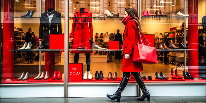 Woman shopper in a red coat near the store. Generative Ai