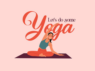 International yoga day big typography text with a woman practicing yoga illustration vector with pink fresh background social media post layout