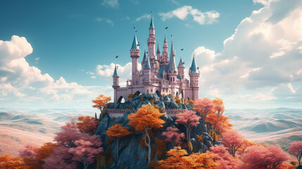 Fantasy fairytale castle at the top of a hill surrounded by colourful trees during spring illustration. 
