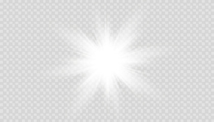 Glowing isolated white transparent set of light effects, glare, explosion, glitter, line, sun flare, spark and stars.Beautiful star.