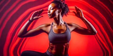 Athletic woman in dynamic pose weaing sports bra activewear, abstract red background. Generative AI