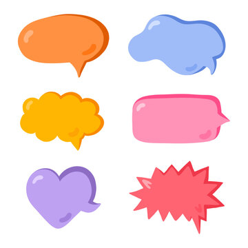 Hand drawn speech bubbles set. Empty online chat clouds in the different shapes. Oval, round, square, cloud, heart shaped bubbles for text, talk phrases, information. Colorful doodles isolated