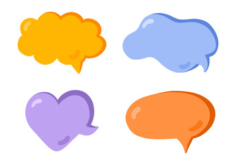 Hand drawn speech bubbles set. Empty online chat clouds in the different shapes. Oval, round, square, cloud, heart shaped bubbles for text, talk phrases, information. Colorful doodles isolated