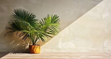 Gray cement wall and floor, palm tree in vase in a sunlight, shadow, sunrays effect from window, for luxury interior design decoration, product display background, Generative ai