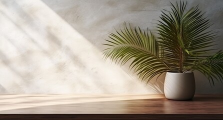 Obraz premium Gray cement wall and floor, palm tree in vase in a sunlight, shadow, sunrays effect from window, for luxury interior design decoration, product display background, Generative ai