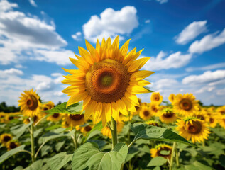 Sunflower field over cloudy blue sky background summer landscape