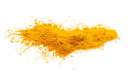 Turmeric (Curcuma) powder pile in shape heart isolated on white, side view