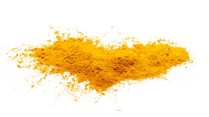 Turmeric (Curcuma) powder pile in shape heart isolated on white, side view