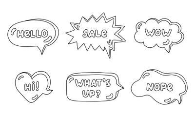 Trendy speech bubbles set with hand drawn talk phrases in the different shapes. Online chat clouds with dialog words Hello, What s up, Sale, Wow, Hi, Nope. Vector outline doodles isolated