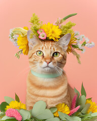 Spring cat illustration, full of flowers on the background, cat portrait