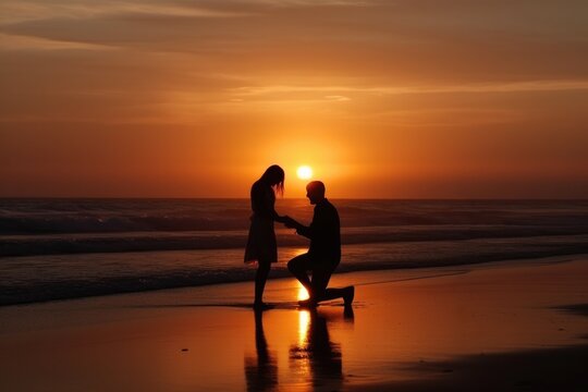 silhouette of a man asking a woman to marry him on a beach at sunset - marriage proposal - generative AI