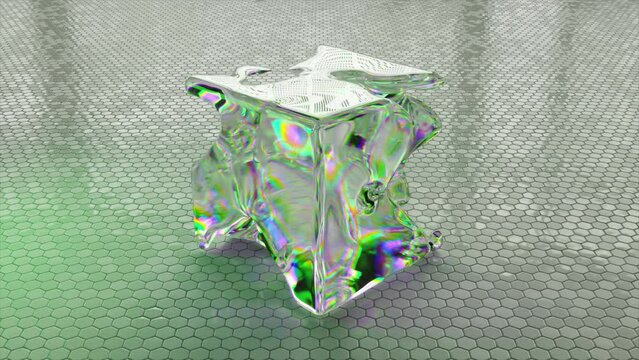 Liquid crystal square changes shape, disappears and reappears on a light abstract background. Tiles in the background