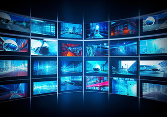 Modern security system control room with multiple displays, monitoring room with at security data center. Generative AI