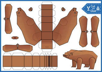 Kids craft template. Cut and glue a paper 3d bear. DIY papercraft cutout puzzle toys. Activity worksheet for children. Vector printable education game. Create to forest animal birthday decor. 