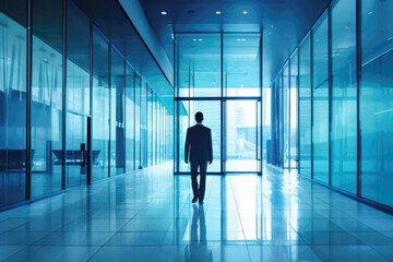 Fototapeta premium Man Leaving Business Center in Blue Tonality. AI generative
