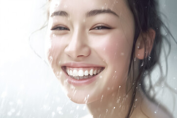 A delightful scene unfolds as water droplets and splashes accentuate the girl's radiant smile, evoking pure delight. Generative AI.