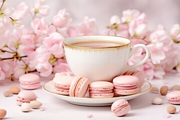 Fototapeta na wymiar Cup of Coffee with Pink Macaroons Dessert Against Blurred Pink Flowers. AI generative. Selective Focus.