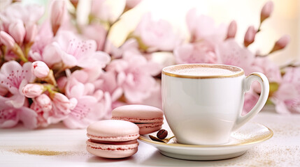 Fototapeta na wymiar Cup of Coffee with Pink Macaroons Dessert Against Blurred Pink Flowers Banner. AI generative. Selective Focus.