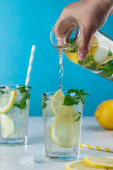 Lemonade with lemon slices, ice and mint leaves