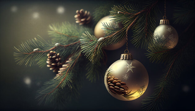 Christmas tree decorations, christmas background with hanging balls and pine tree branches, Generative AI