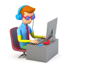 A young man works at a computer in headphones, isolated on a white background. Conduct video conferences, meetings, work from home or office, anywhere. ai generation