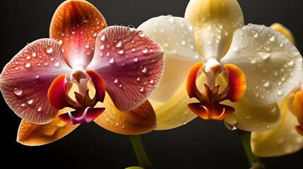 Macro shot of purple and yellow Moth orchid flowers on dark background. Generative AI technology.