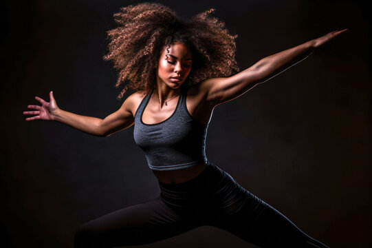 Athletic woman in dynamic pose, wearing tank top activewear, dark background, studio portrait. Generative AI