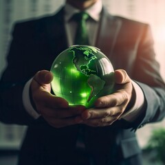 Empresario sosteniendo un mundo verde en las manos que representa el desarrollo sostenible y ecológico a nivel mundial. Generado por IA.
