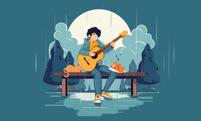 Guitarist Playing guitar at street on rainy day, Musician playing acoustic guitar with puppy and cat beautiful background full moon rainy day