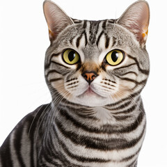 Adorable american shorthair cat portrait looking at camera on white isolated background as concept of domestic pet in ravishing hyper realistic detail by Generative AI.