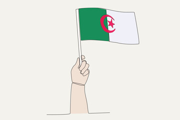 A hand raised the Algeria flag. Flag one-line drawing