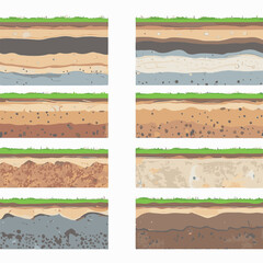 Seamless ground cross sections,layers under earth underground textures set. vector illustrations