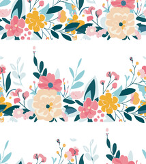 Seamless floral pattern with flowers and leaves.floral backdrop decorated with gorgeous multicolored blooming flowers and leaves .Vector illustration. 