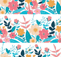 Seamless floral pattern with flowers and leaves.floral backdrop decorated with gorgeous multicolored blooming flowers and leaves .Vector illustration. 