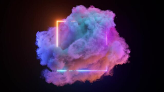 Abstract concept. Neon rainbow square on an isolated black background. A blue pink cloud flies around. 3d animation 